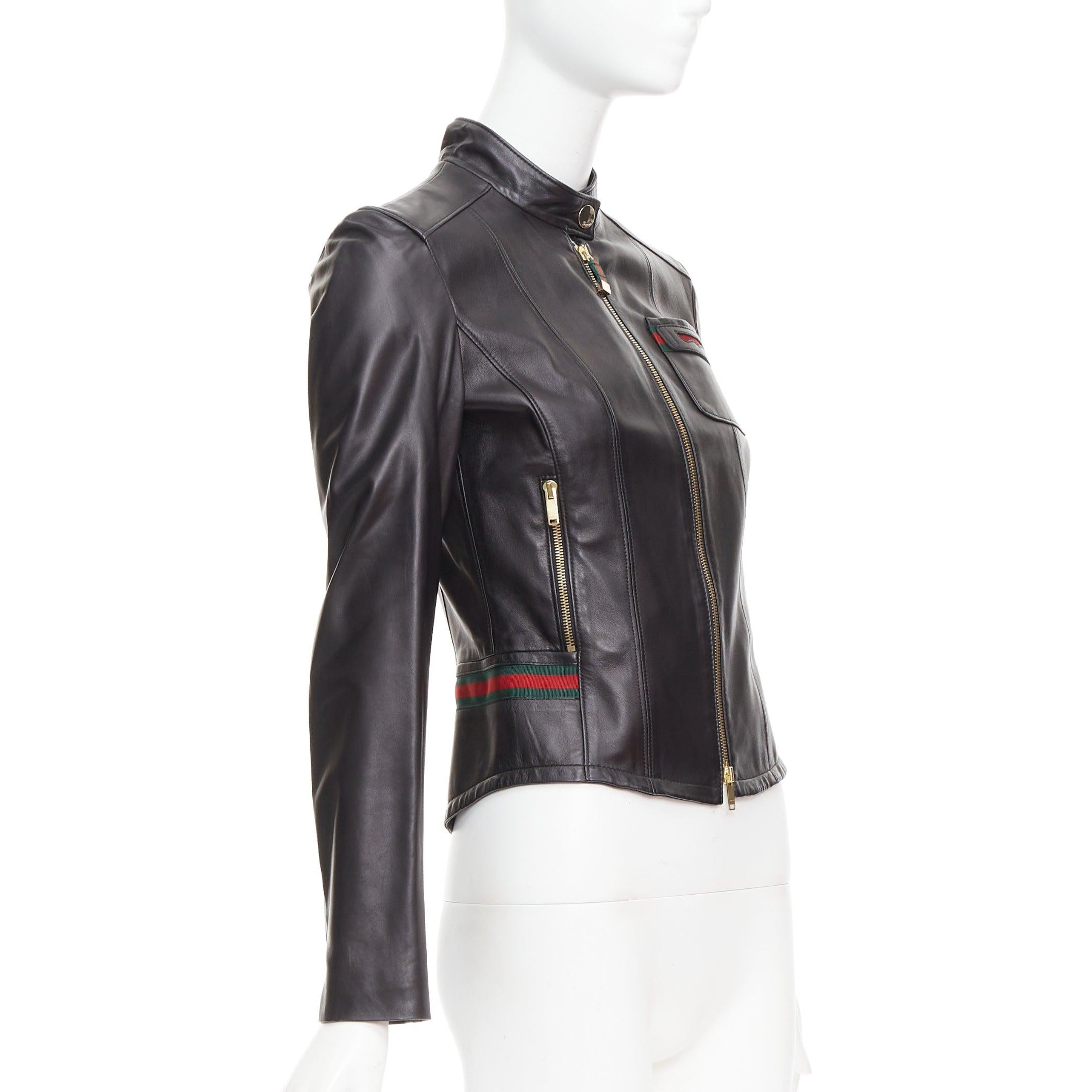 GUCCI Vintage black leather green red web moto biker jacket IT38 XS In Good Condition For Sale In Hong Kong, NT