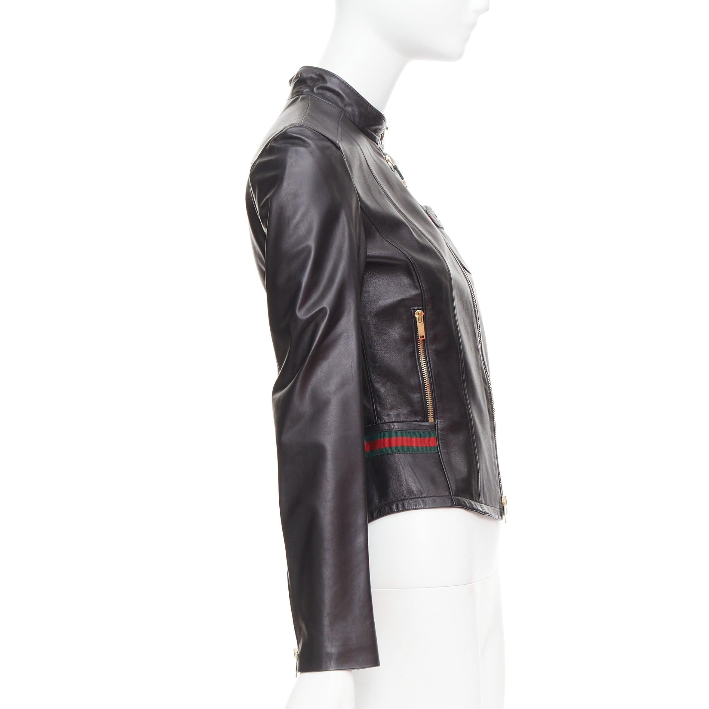 Women's GUCCI Vintage black leather green red web moto biker jacket IT38 XS For Sale