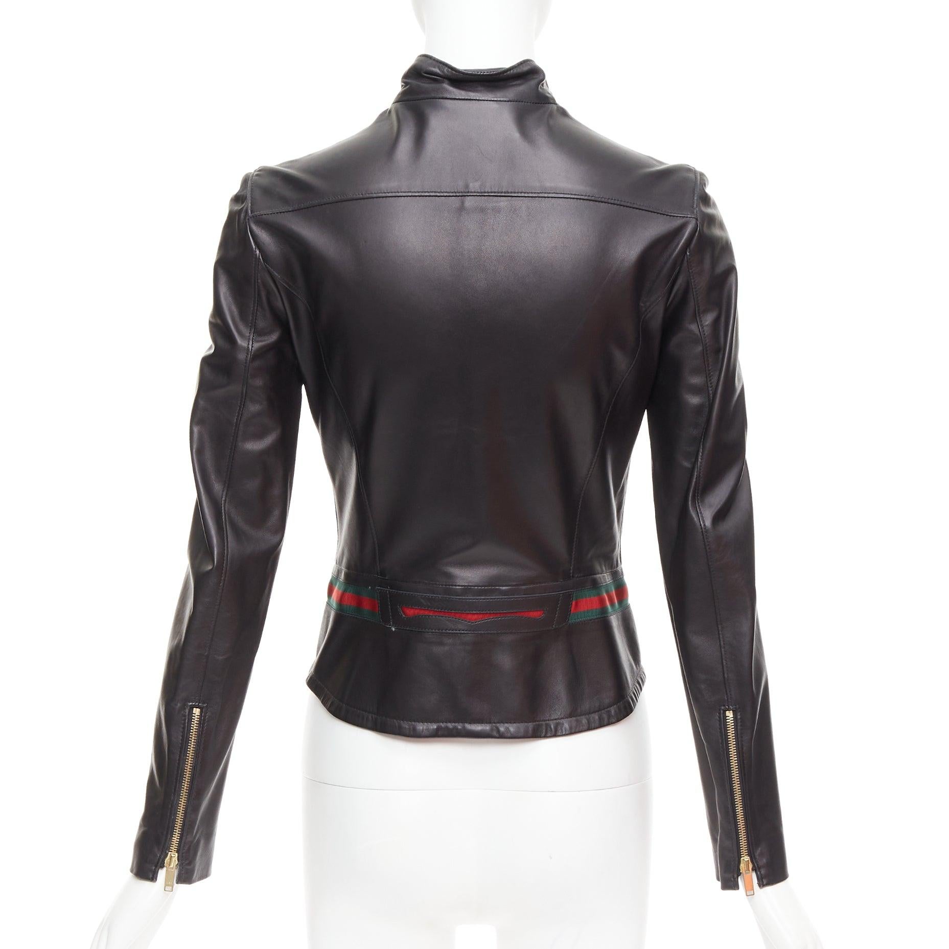 GUCCI Vintage black leather green red web moto biker jacket IT38 XS For Sale 1