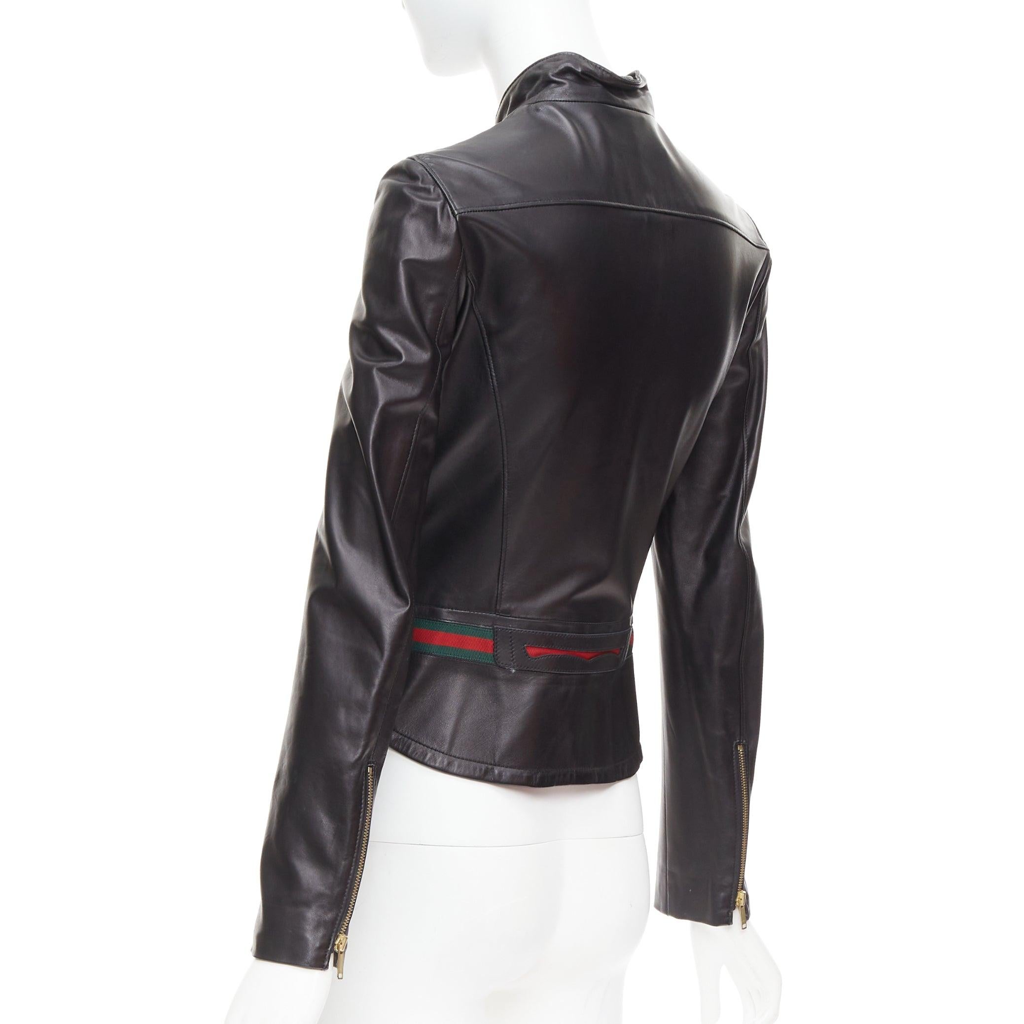 GUCCI Vintage black leather green red web moto biker jacket IT38 XS For Sale 2