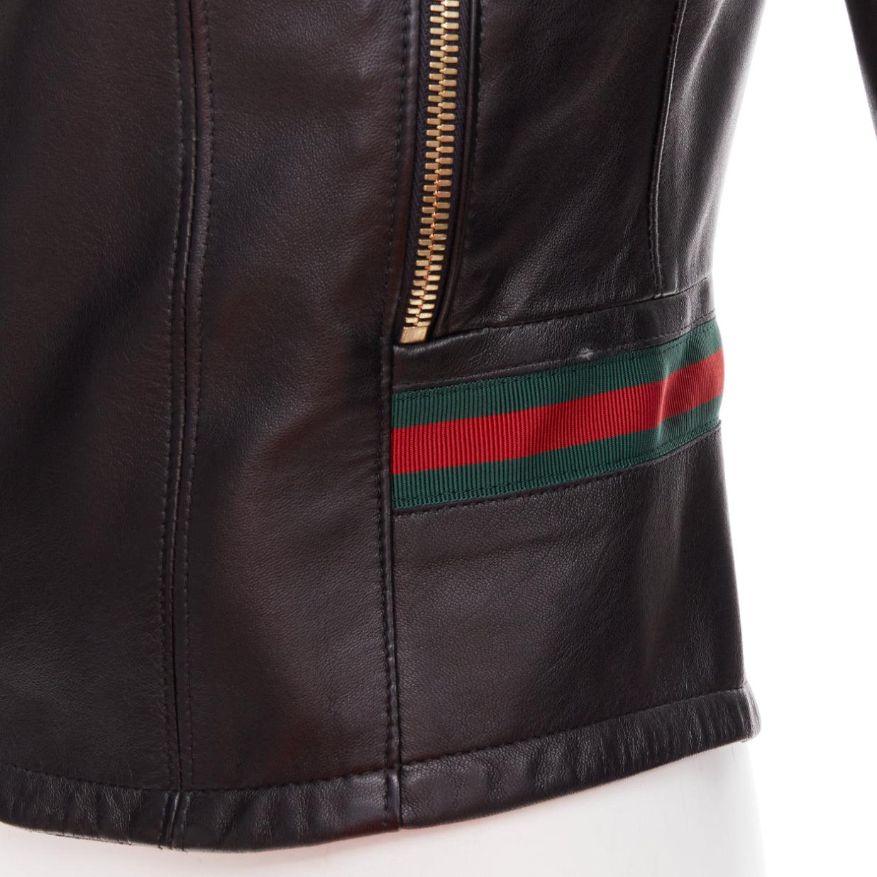GUCCI Vintage black leather green red web moto biker jacket IT38 XS For Sale 3