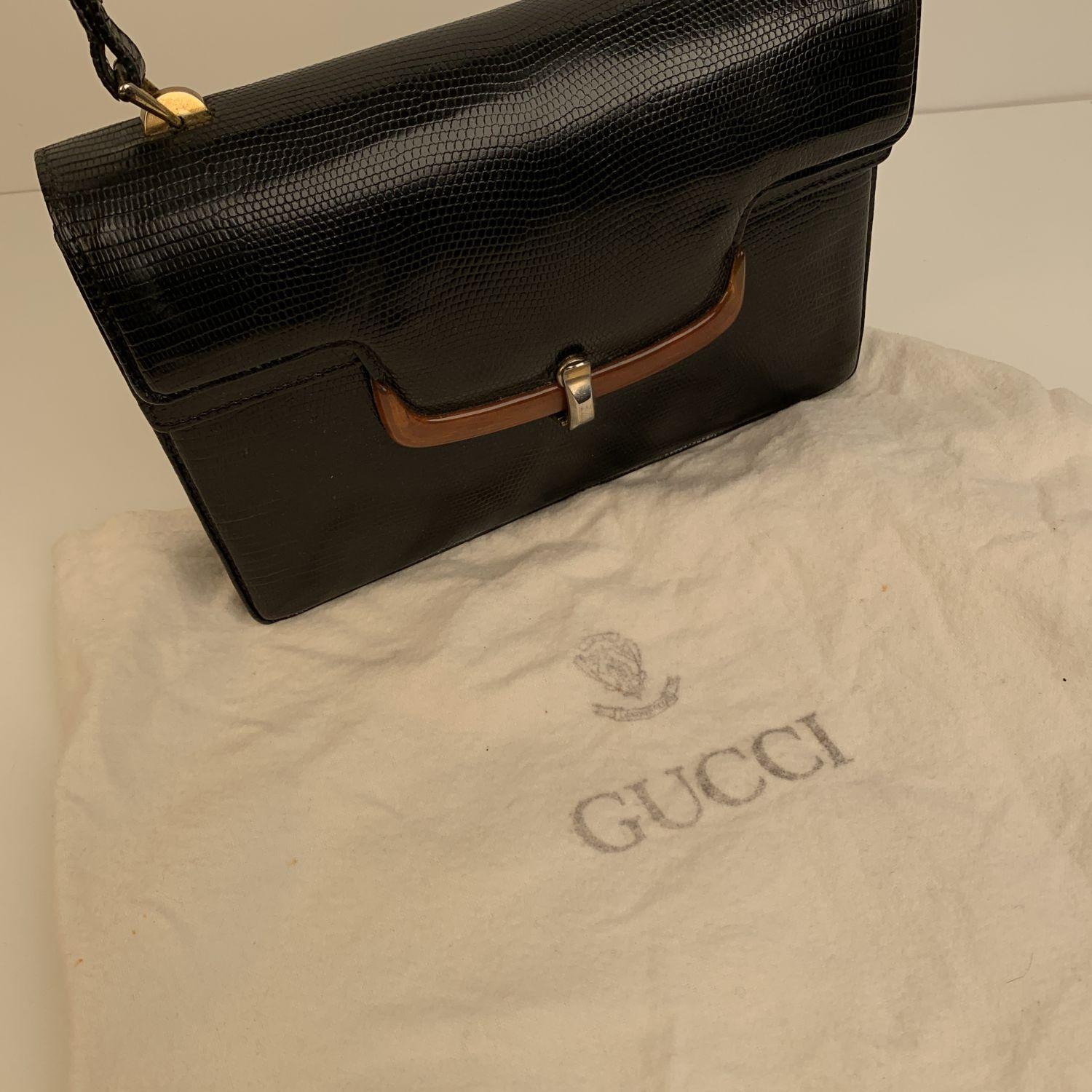 Gucci Vintage Black Leather Handbag Bakelite Top Handle Bag 5