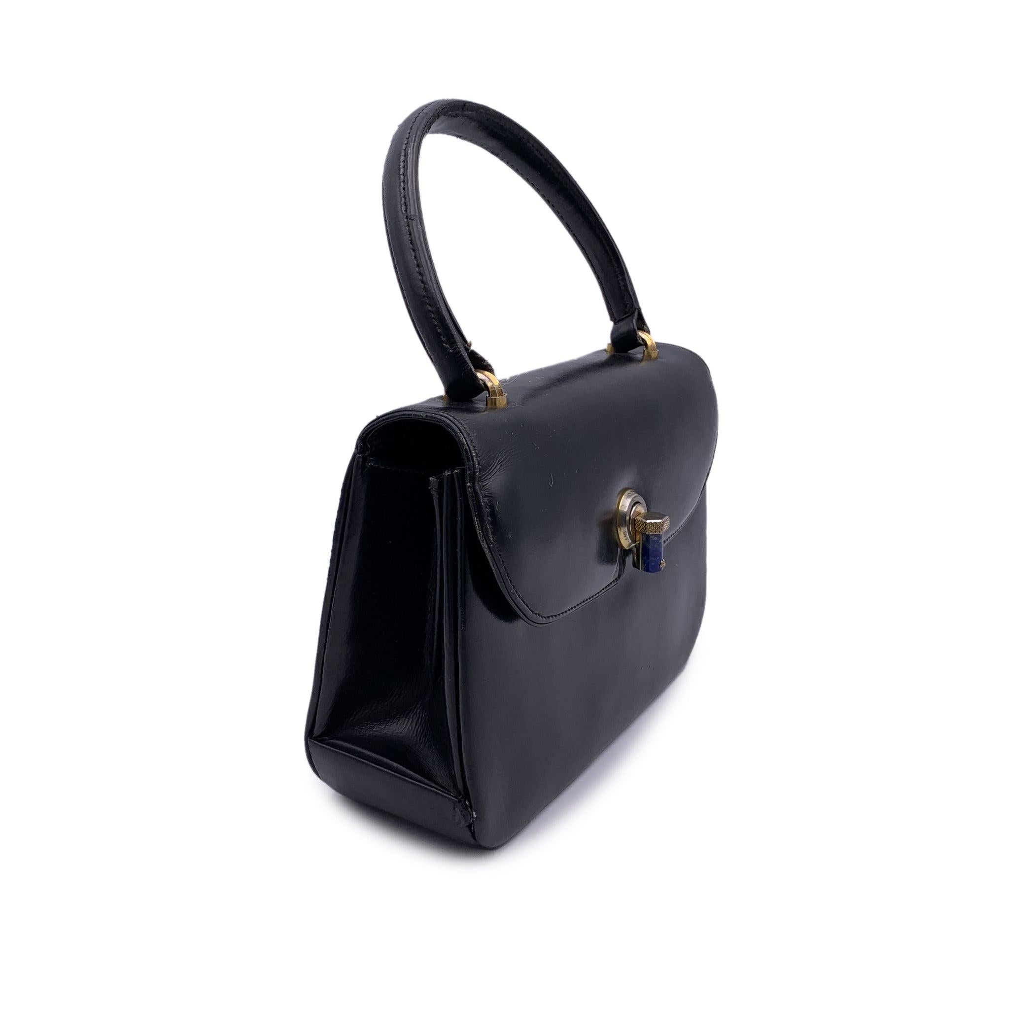 Women's Gucci Vintage Black Leather Handbag Satchel with Lapis Closure