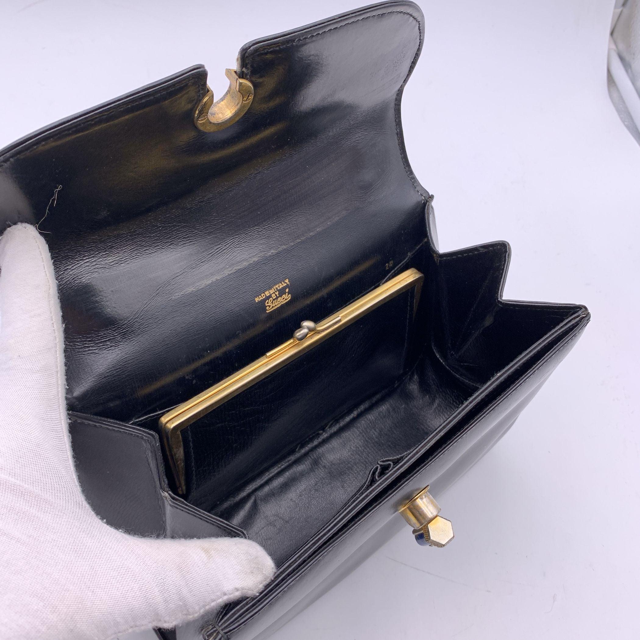 Gucci Vintage Black Leather Handbag Satchel with Lapis Closure 2