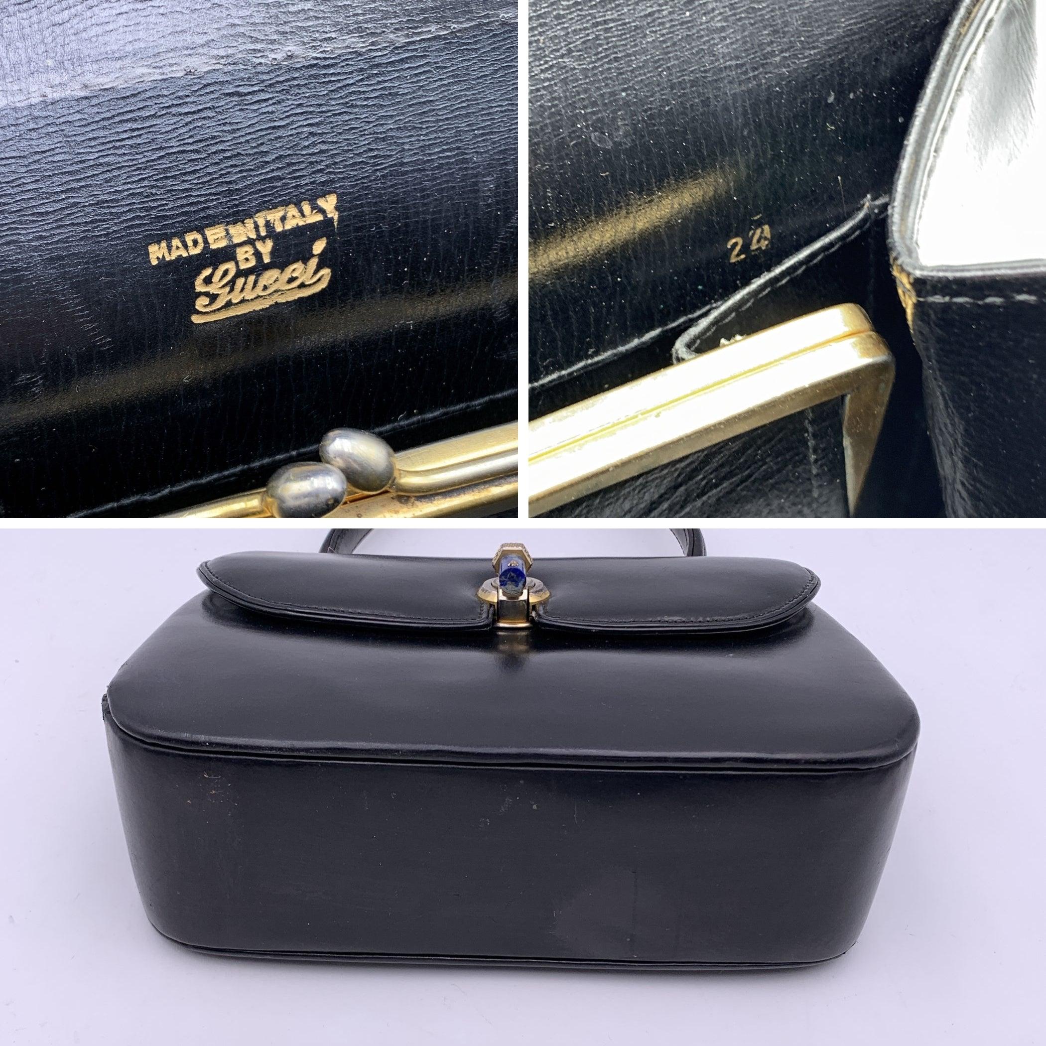 Gucci Vintage Black Leather Handbag Satchel with Lapis Closure 3