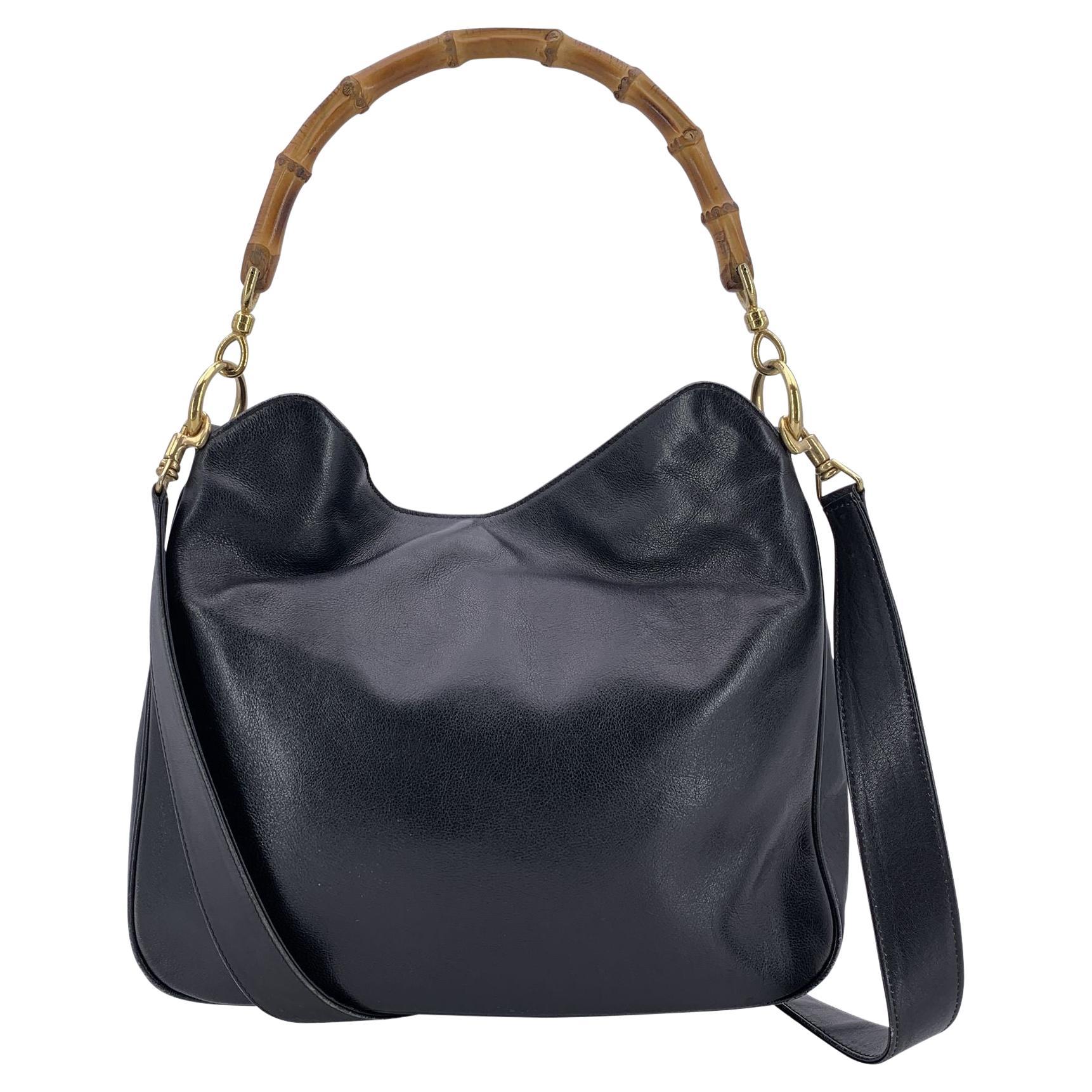 Gucci Vintage Black Leather Hobo Bamboo Handle Shoulder Bag im Angebot