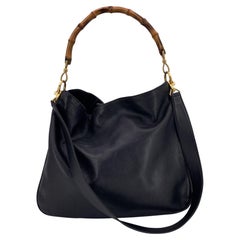 Gucci Vintage Black Leather Hobo Shoulder Bag Tote Bamboo Handle