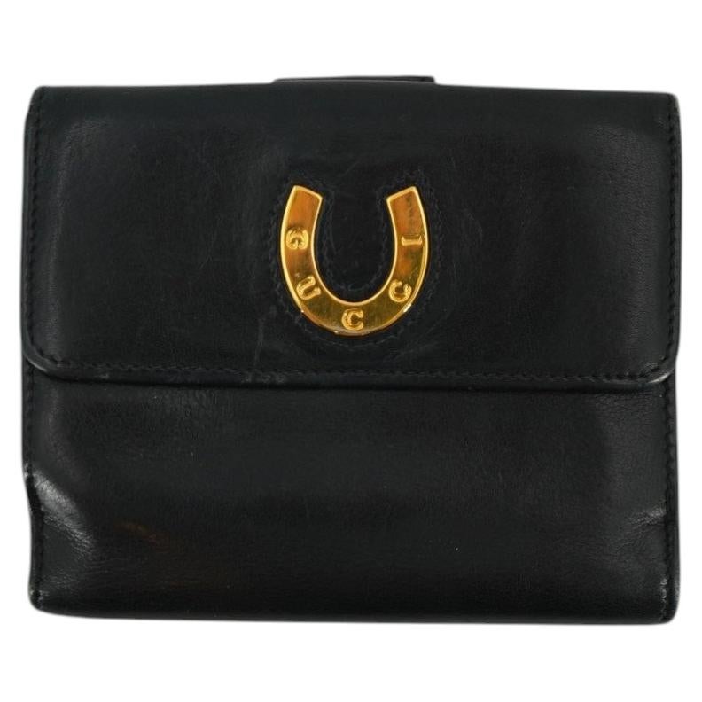 Gucci Vintage Portefeuille à double compartiment en cuir noir en forme de fer à cheval