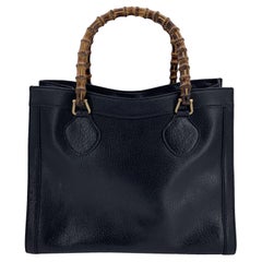 Gucci Vintage Black Leather Princess Diana Bamboo Tote Bag