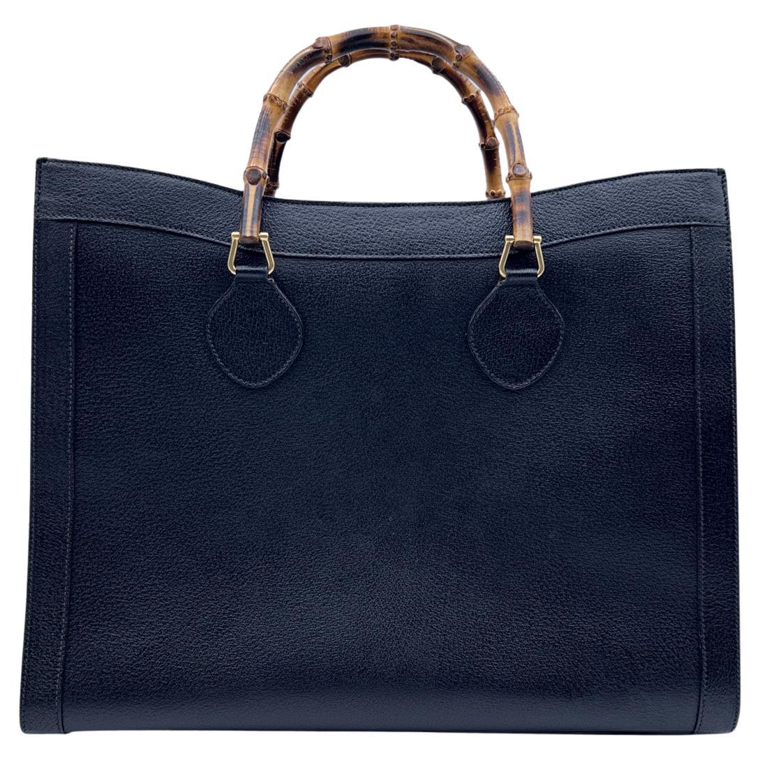 Gucci Vintage Black Leather Princess Diana XL Large Bamboo Bag