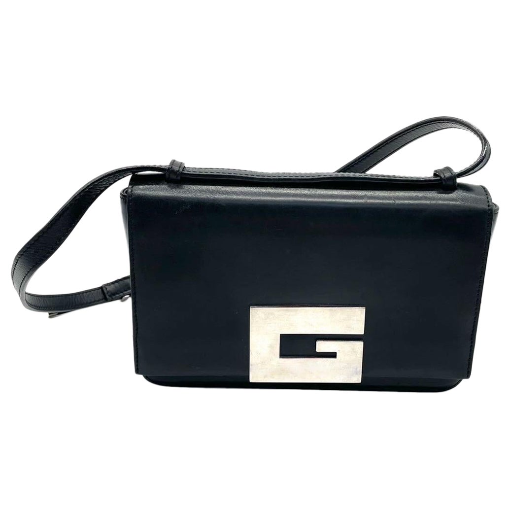 Gucci Vintage Borsa a tracolla in pelle nera con logo G quadrato gigante