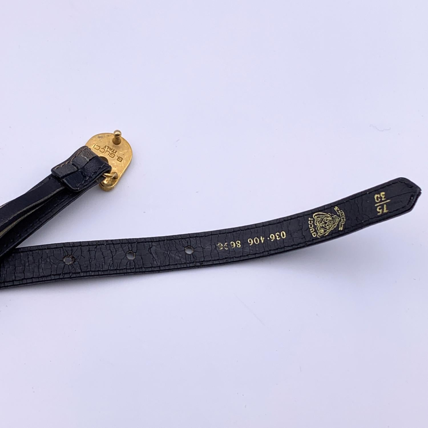 Women's Gucci Vintage Black Leather Skinny Belt Gold GG Buckle Size 75/30