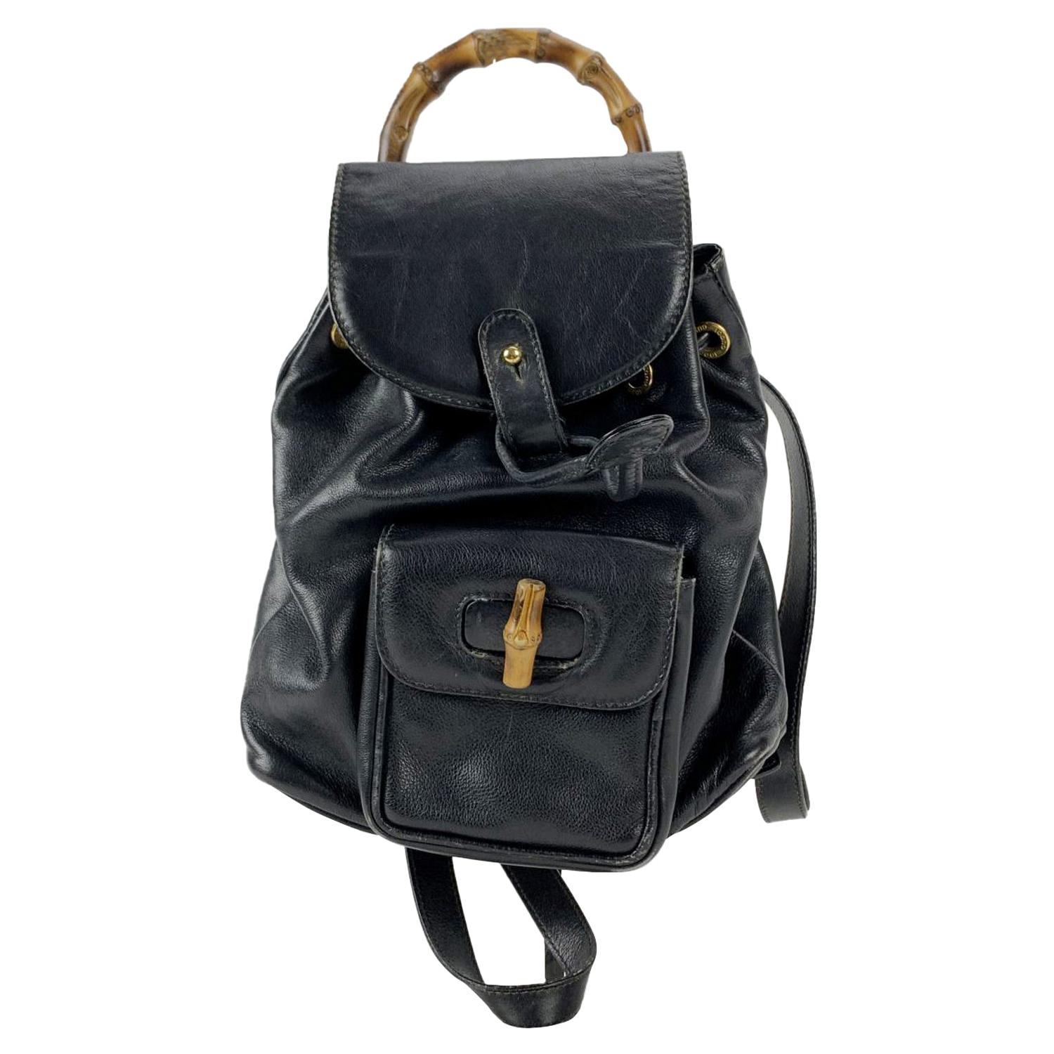 Gucci Vintage Black Leather Small Bamboo Backpack Shoulder Bag