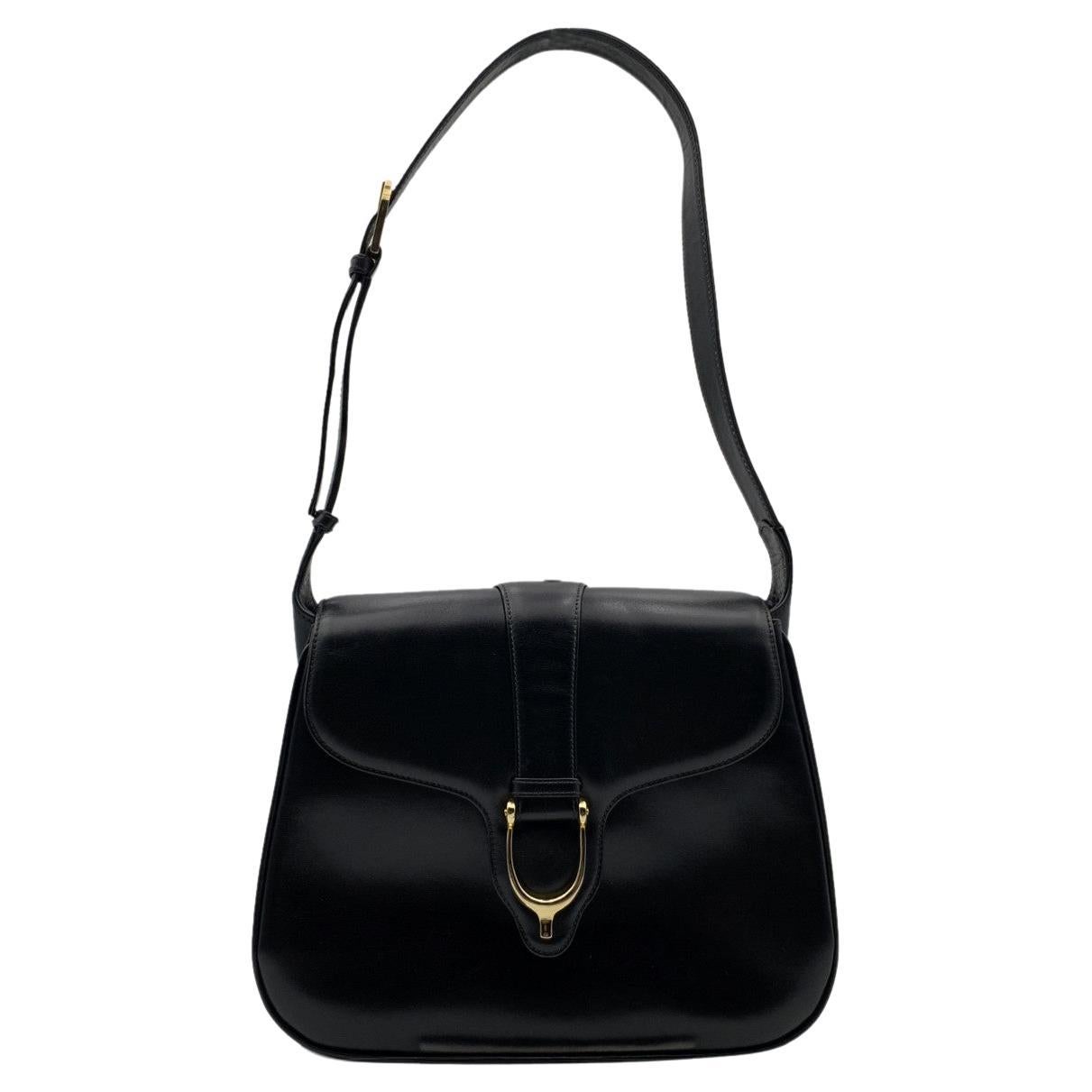 Gucci Vintage Black Leather Spur Box Shoulder Bag Handbag
