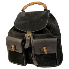 Gucci Vintage Black Leather Suede Bamboo Backpack Bag