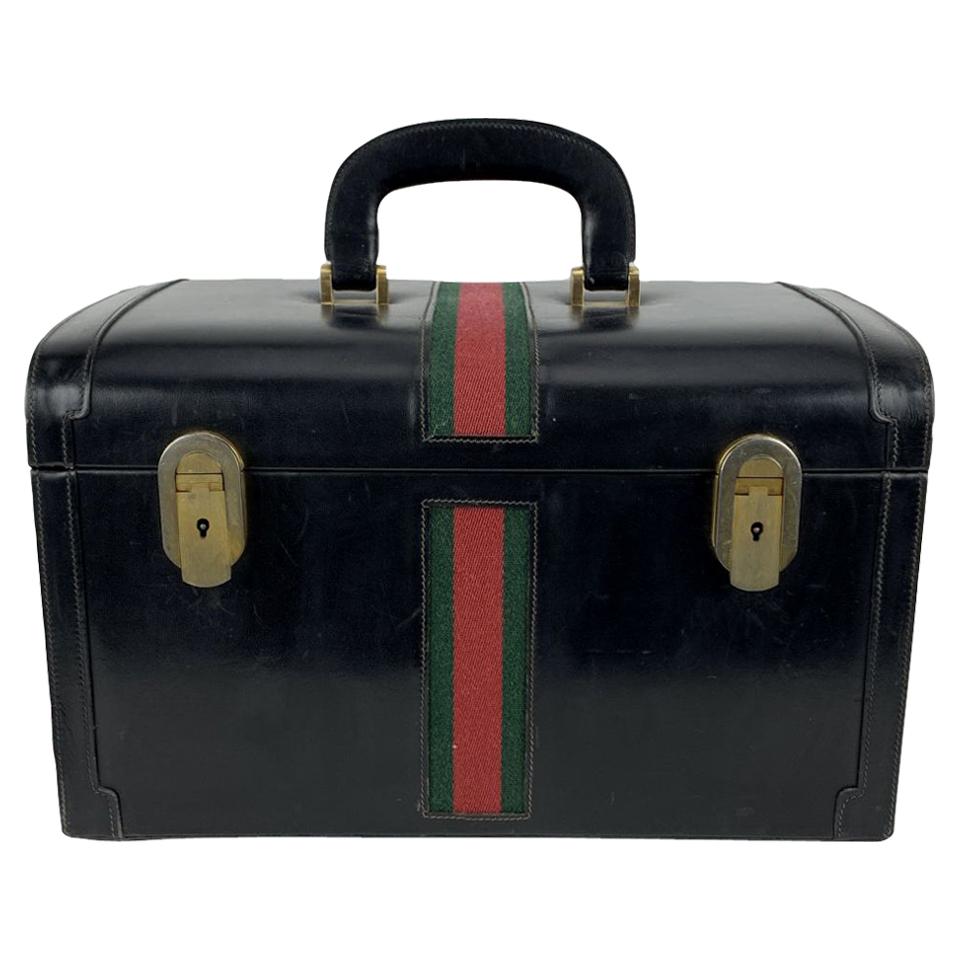 Gucci Vintage Black Leather Train Case Bag with Stripes