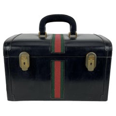 Gucci Vintage Black Leather Train Case Bag with Stripes