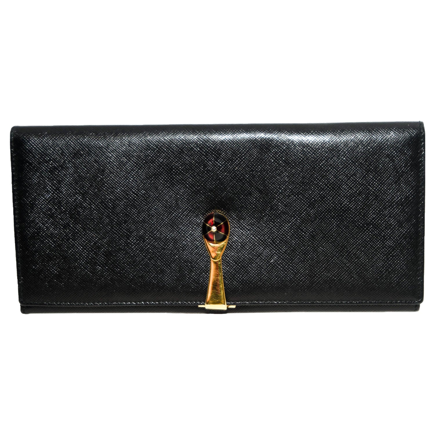 Gucci Vintage Black Leather Wallet With Jockey Cap Clasp at 1stDibs