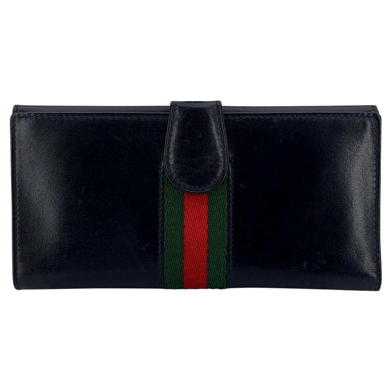 Gucci Vintage Black Leather Web Double Compartment Long Wallet For Sale