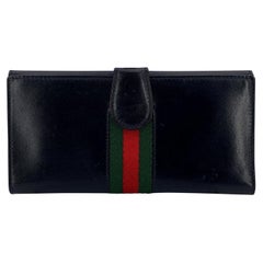 Gucci Vintage Black Leather Web Double Compartment Long Wallet