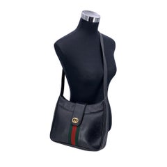 Gucci Vintage Black Leather Web Stripes Logo Shoulder Bag