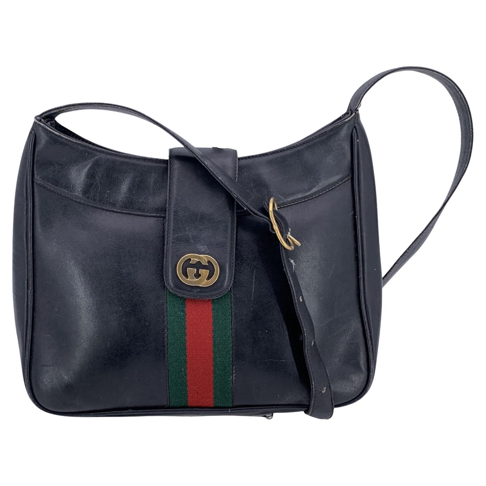 Gucci Vintage Black Leather Web Stripes Logo Shoulder Bag