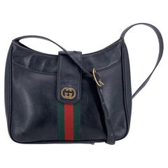 Gucci Vintage Black Leather Web Stripes Logo Shoulder Bag