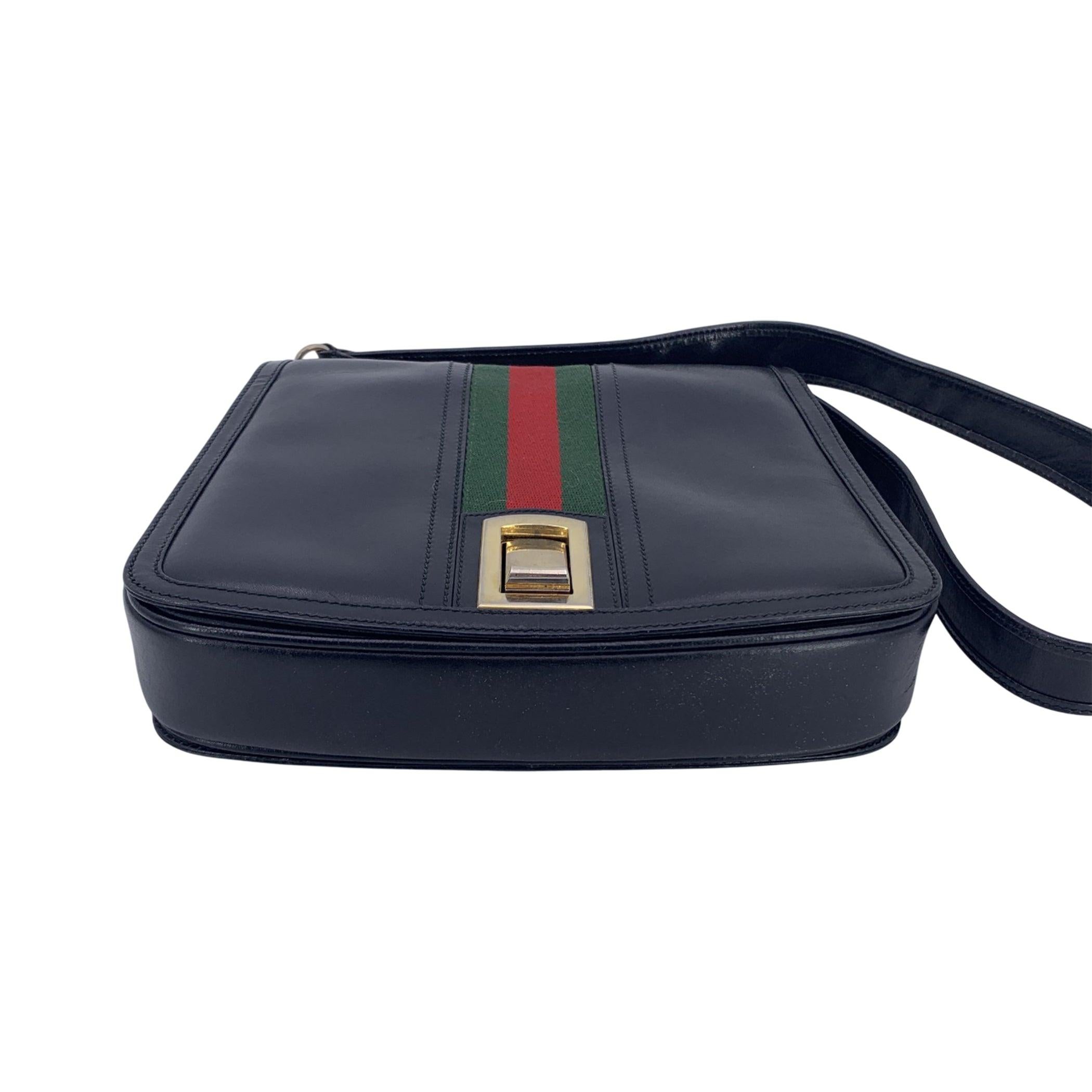 Women's Gucci Vintage Black Leather Web Stripes Shoulder Bag
