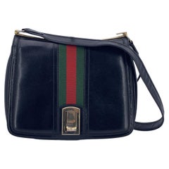 Gucci Vintage Black Leather Web Stripes Shoulder Bag
