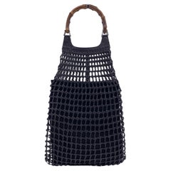 Gucci Vintage Black Mesh Leather Bamboo Tote Bag Handbag