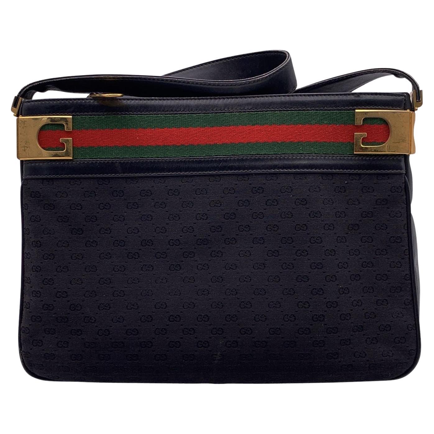 Gucci Vintage Black Micro GG Monogram Canvas Web Shoulder Bag For Sale