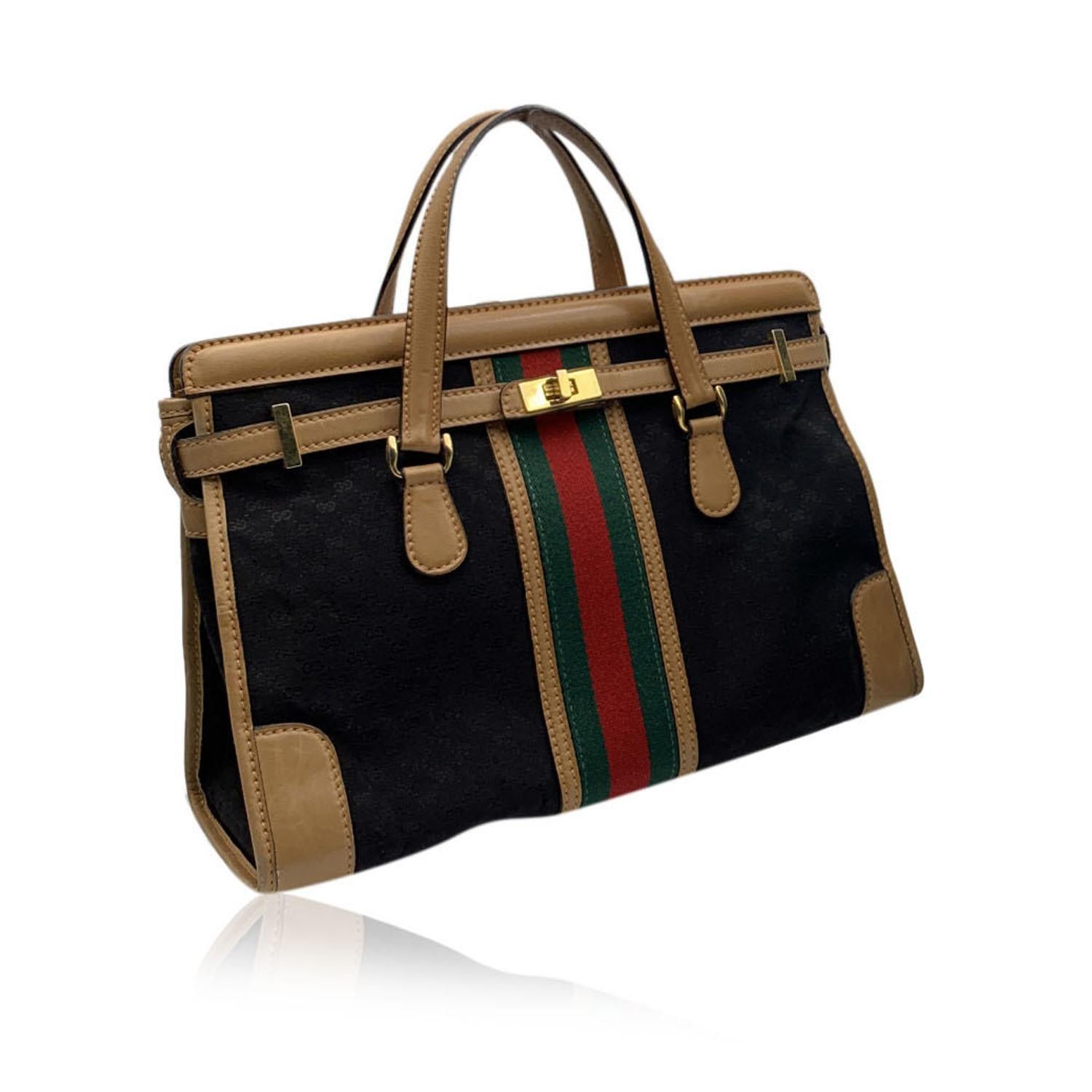 Gucci Vintage Schwarz Monogramm Canvas Satchel Handtasche mit Streifen im Zustand „Hervorragend“ in Rome, Rome