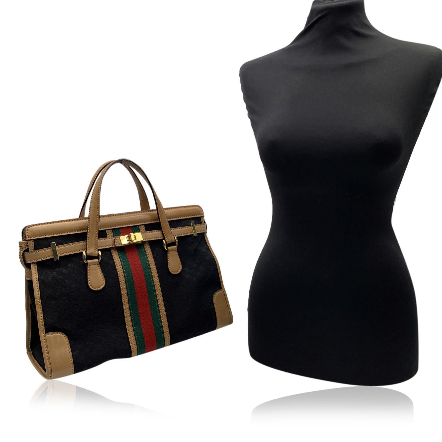 Gucci Vintage Schwarz Monogramm Canvas Satchel Handtasche mit Streifen Damen