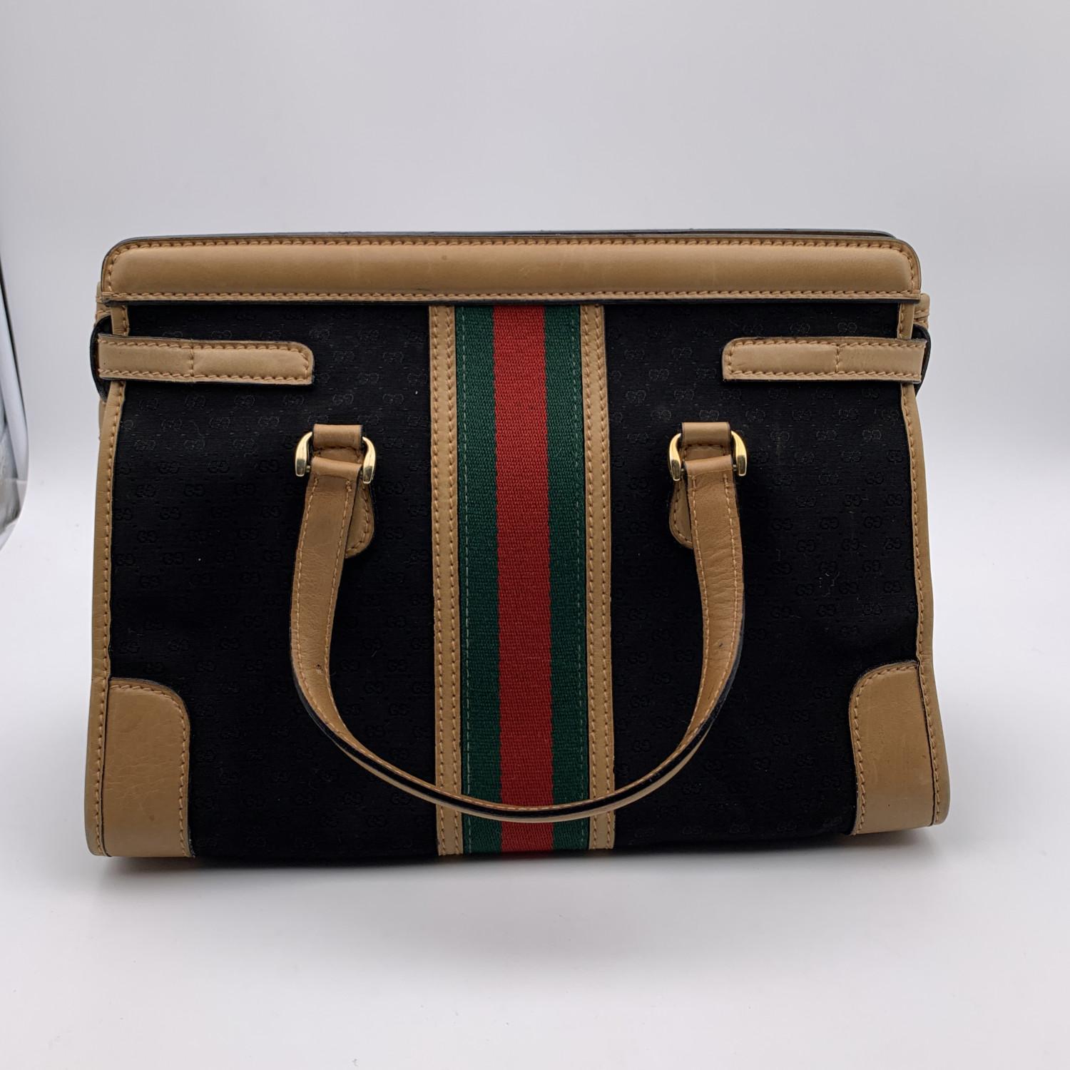 Gucci Vintage Schwarz Monogramm Canvas Satchel Handtasche mit Streifen 1