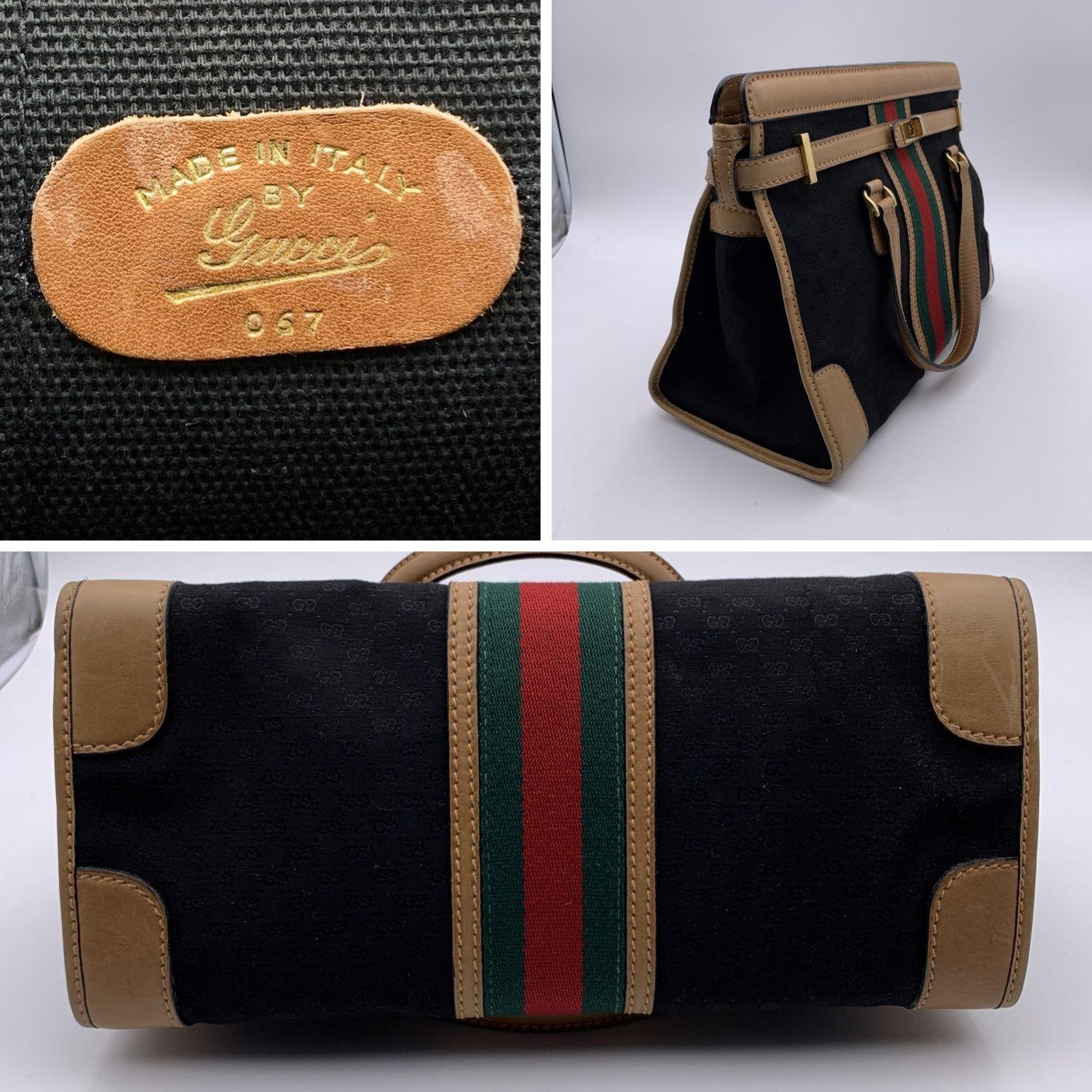 Gucci Vintage Schwarz Monogramm Canvas Satchel Handtasche mit Streifen 2