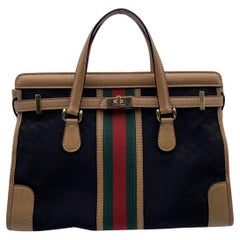 Gucci Vintage Black Monogram Canvas Satchel Handbag with Stripes