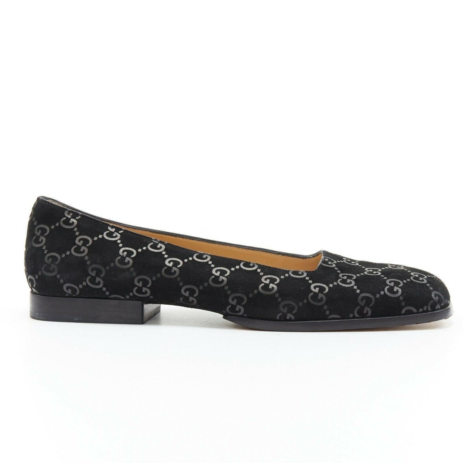 GUCCI Vintage black monogram printed black suede square toe loafer EU36.5C 
Reference: TGAS/A03134 
Brand: Gucci 
Model: Loafer 
Material: Leather 
Color: Black 
Pattern: Other 
Extra Detail: Black suede leather. Tonal monogram printed on leather.