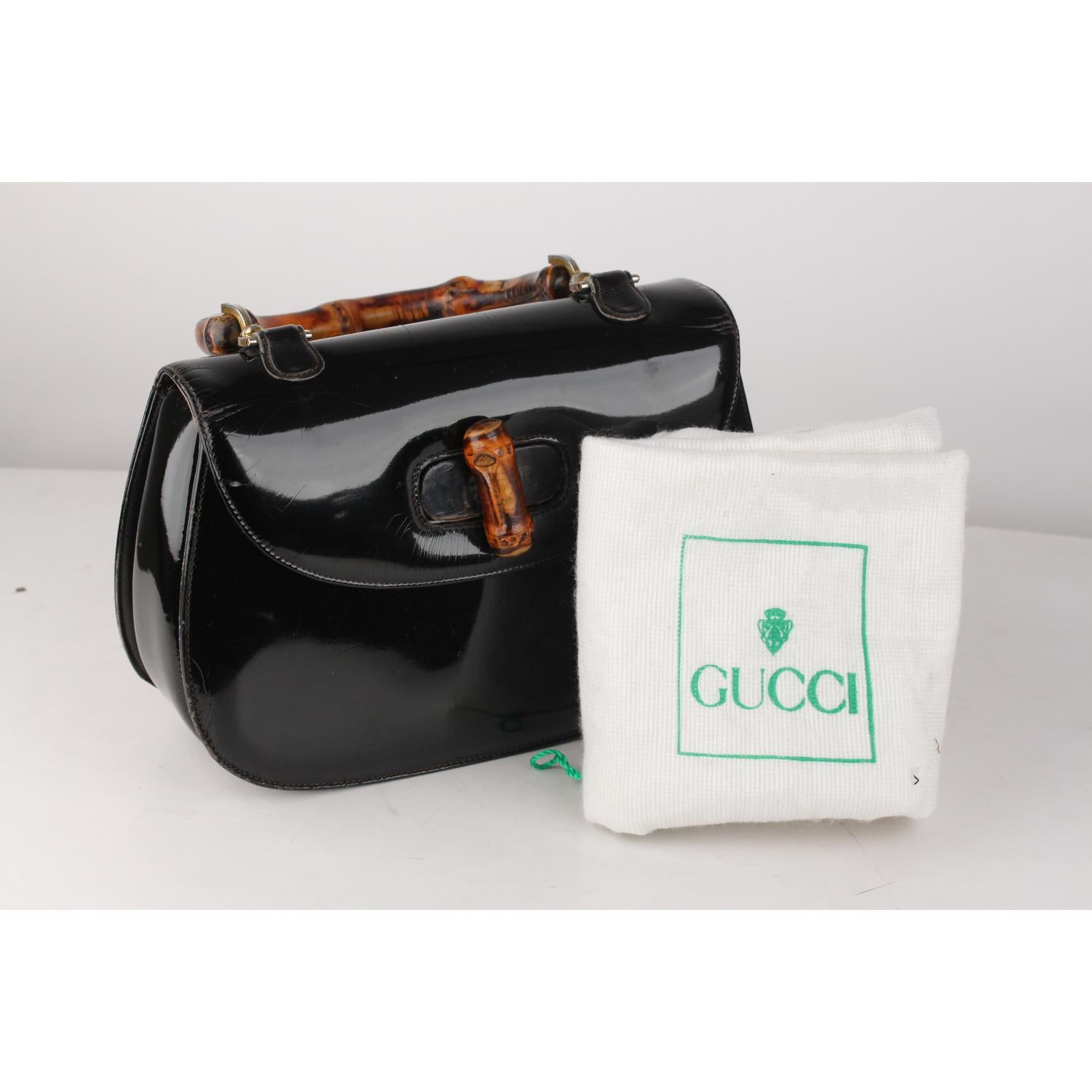 Gucci Vintage Black Patent Leather Bamboo Top Handle Bag 3