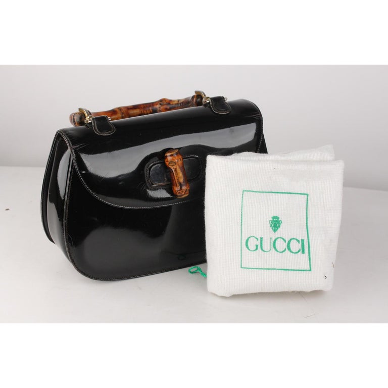 Gucci Vintage Black Patent Leather Bamboo Top Handle Bag For Sale at