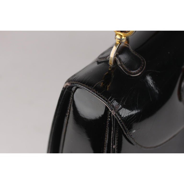 Gucci Vintage Black Patent Leather Bamboo Top Handle Bag For Sale at