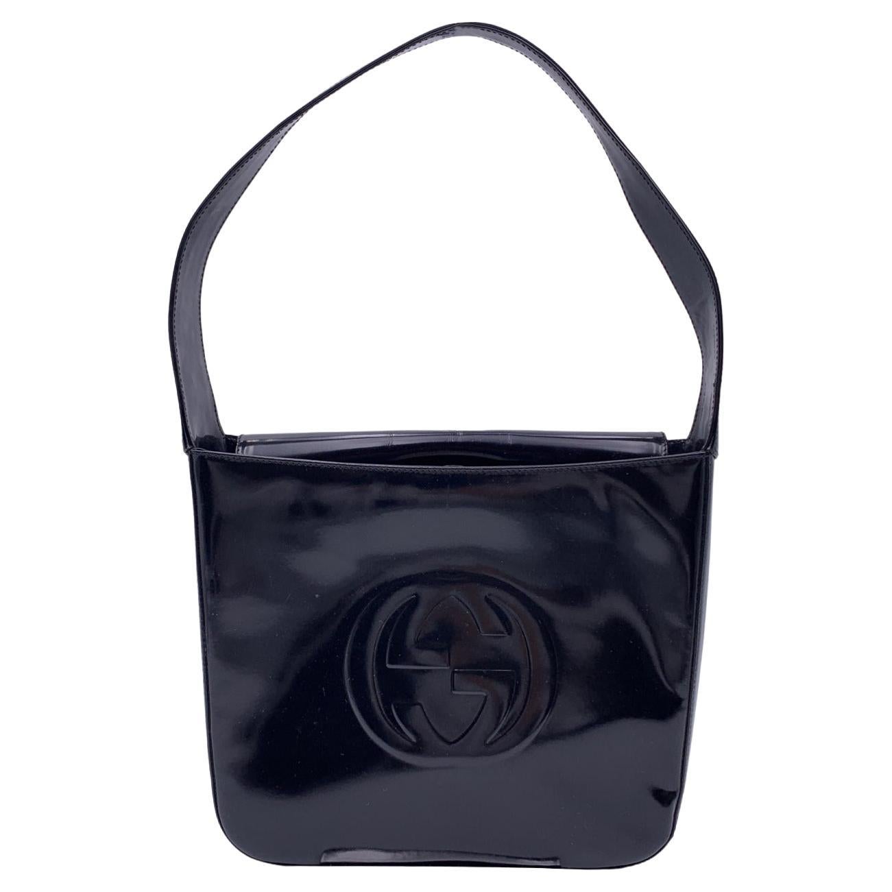 Gucci Vintage Black Patent Leather Structured GG Logo Shoulder Bag