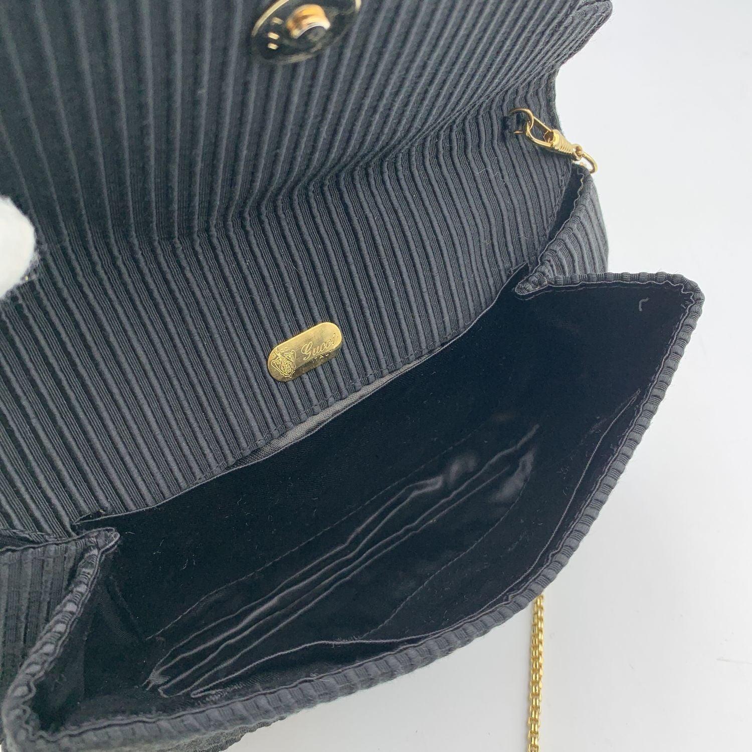 Women's Gucci Vintage Black Ribbed Bow Evening Bag with Chain Strap