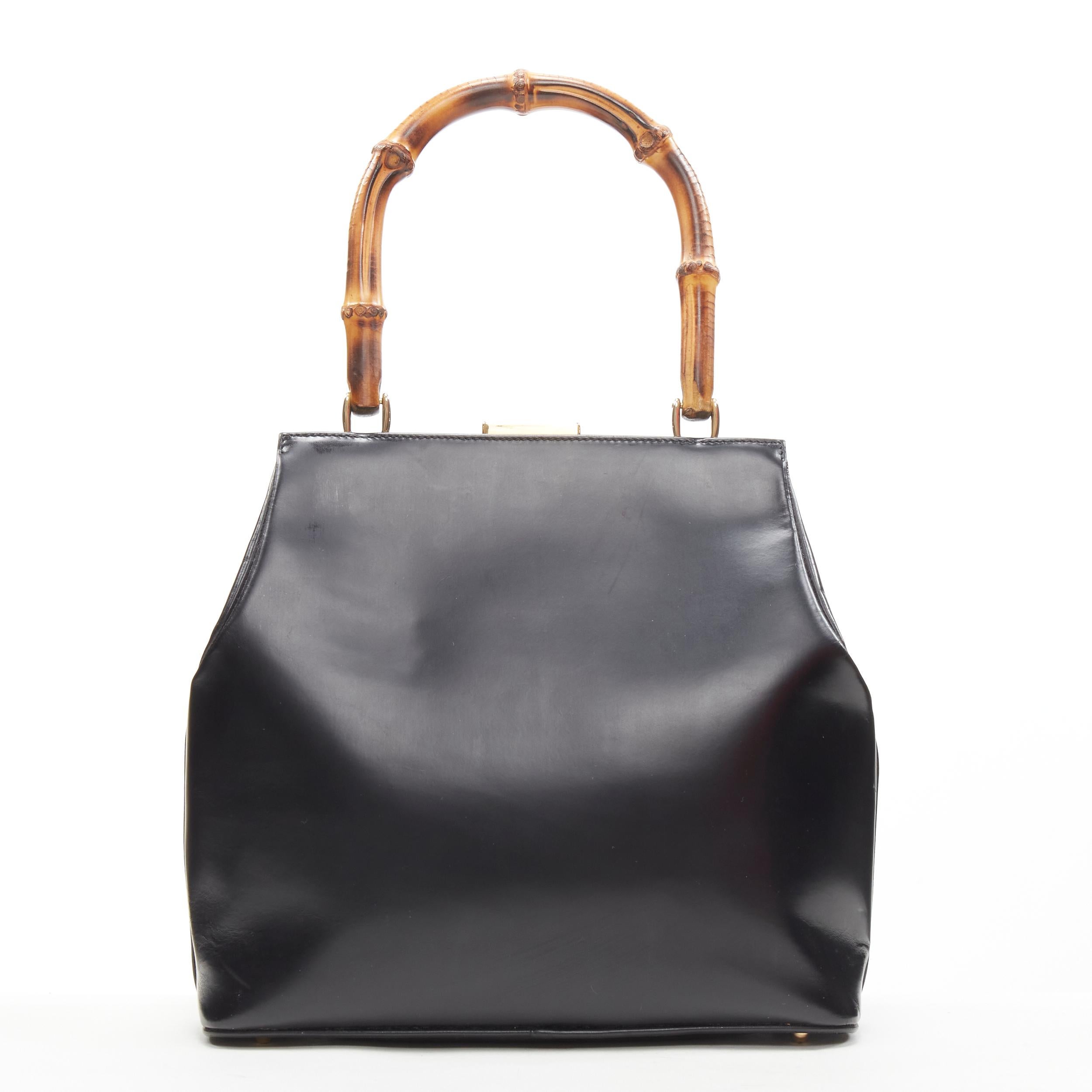 GUCCI Vintage black smooth leather Bamboo top handle structured bag For  Sale at 1stDibs