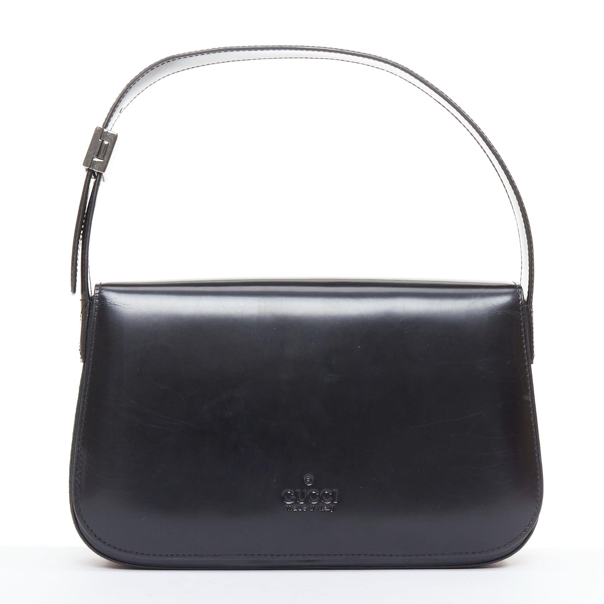 Noir GUCCI Vintage noir cuir lisse vert rouge web sac structuré sous le bras en vente