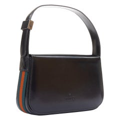 GUCCI Vintage noir cuir lisse vert rouge web sac structuré sous le bras