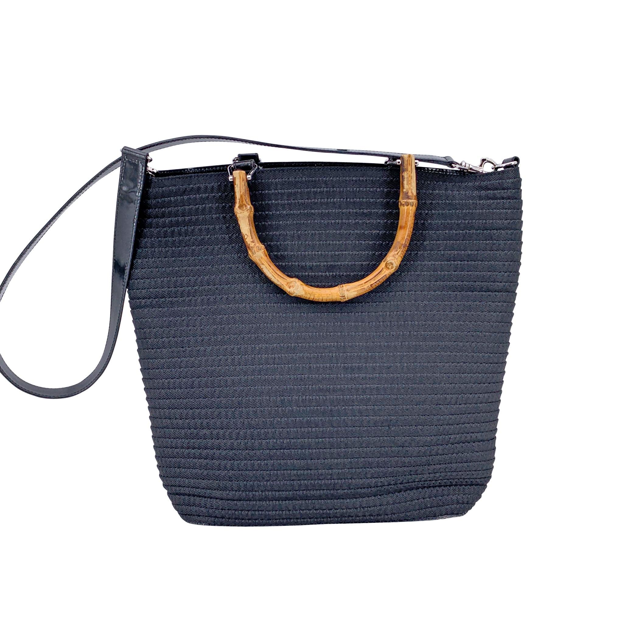 Gucci Vintage Black Stitching Canvas Bamboo 2 Way Tote Bag In Good Condition For Sale In Rome, Rome