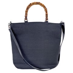 Gucci Vintage Black Stitching Canvas Bamboo 2 Way Tote Bag