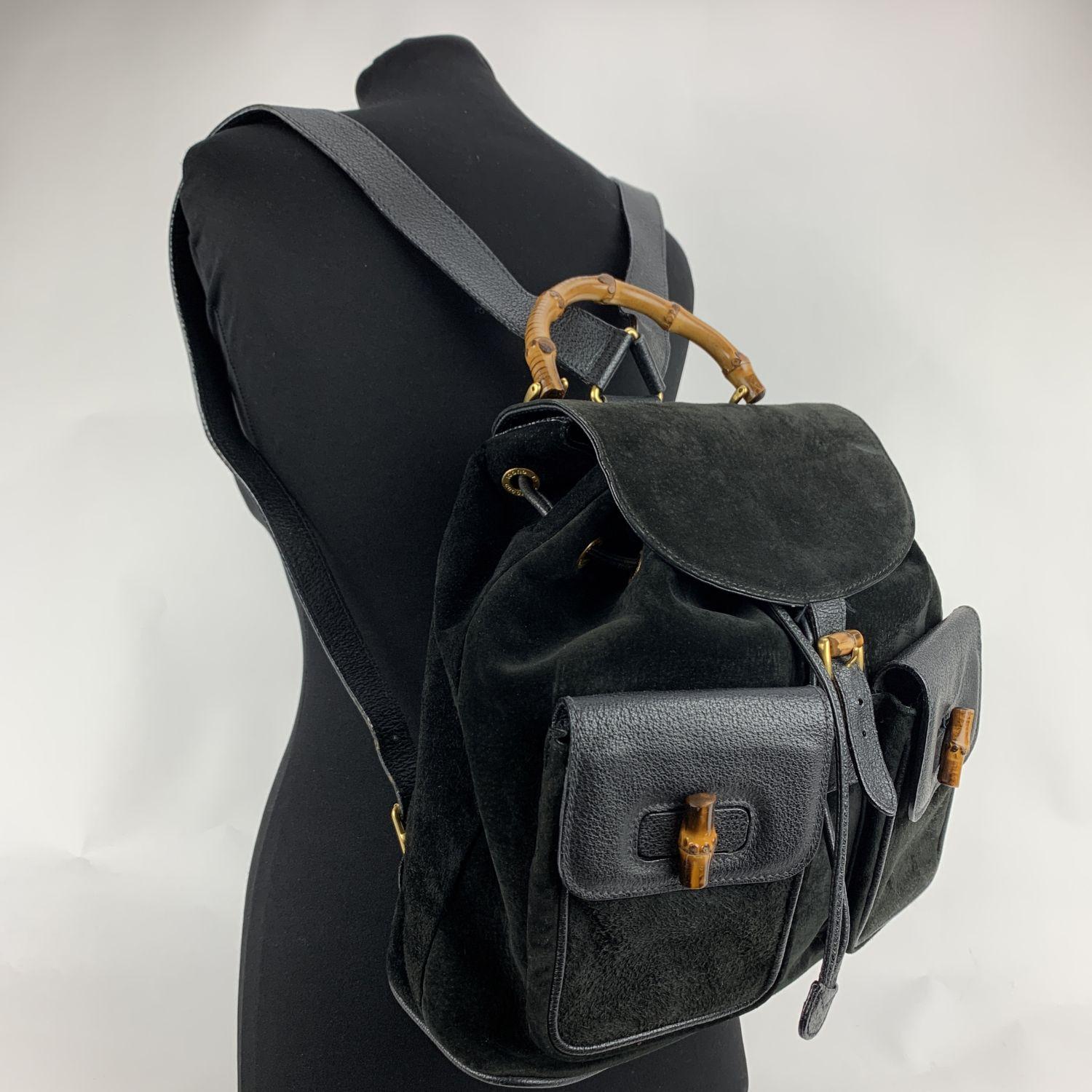 Gucci Vintage Black Suede and Leather Bamboo Backpack Bag In Good Condition In Rome, Rome