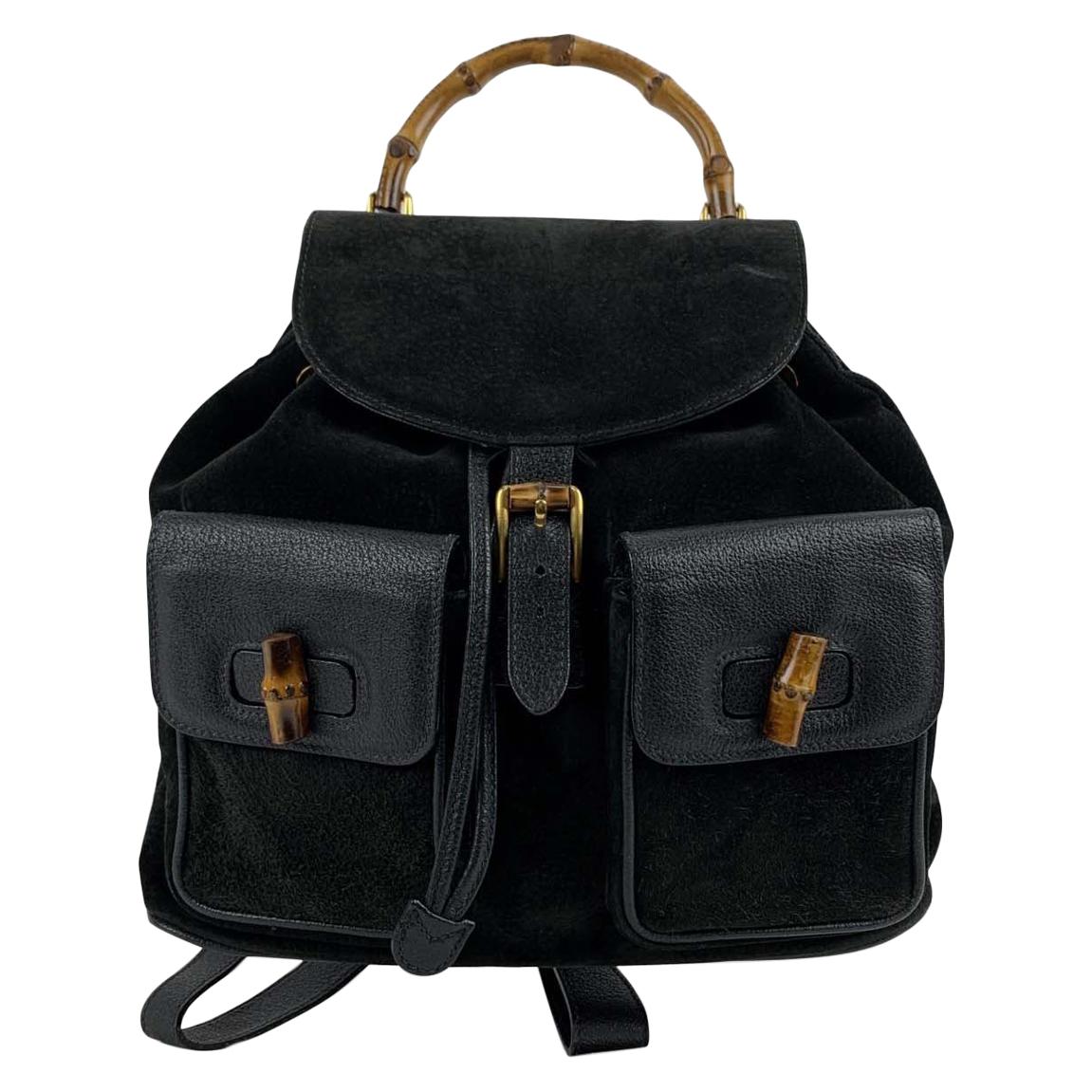 Gucci Vintage Black Suede and Leather Bamboo Backpack Bag
