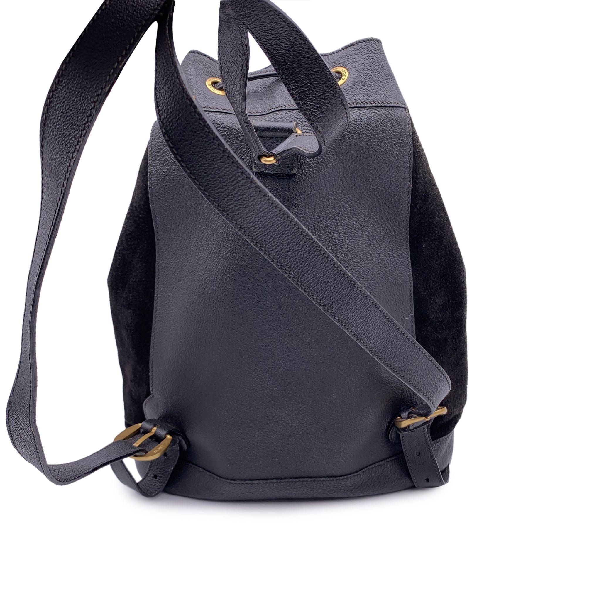 Women's Gucci Vintage Black Suede and Leather Bamboo Drawstring Backpack